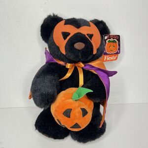 Fiesta Halloween Black Bear Plush Standing Stuffed Toy Pumpkin Vintage 1999 12"